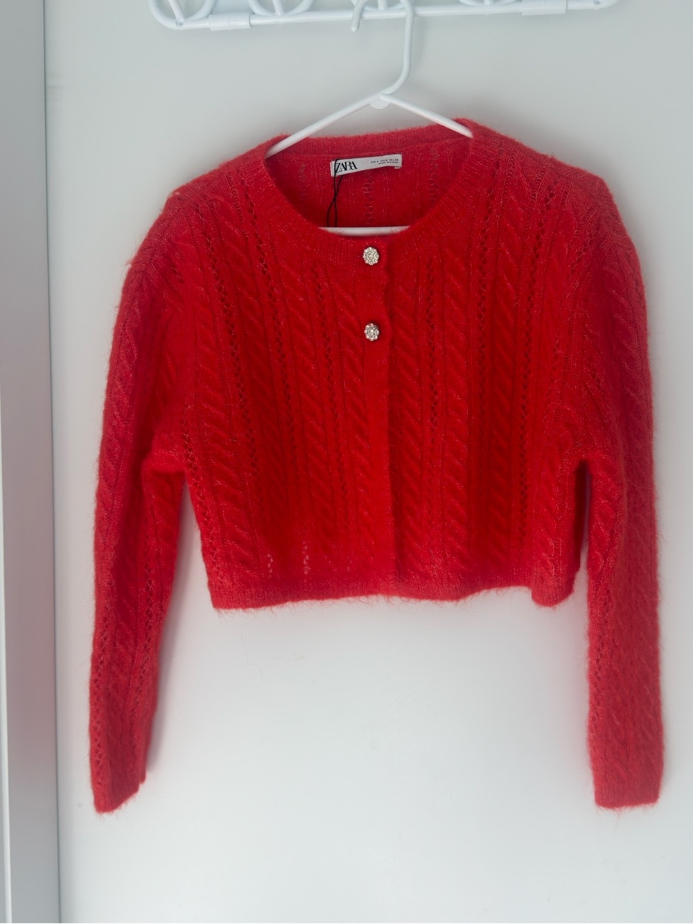 NWOT . Zara Bright Red Cropped Cable-Knit Cardigan with Gem Buttons